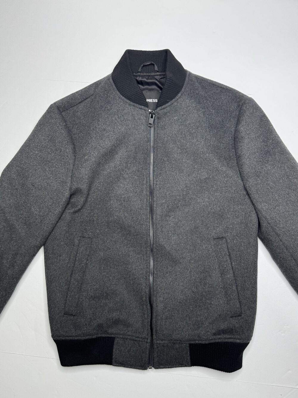 Express Mens XS Charcoal Gray Wool Blend Bomber Jacket Full Zip